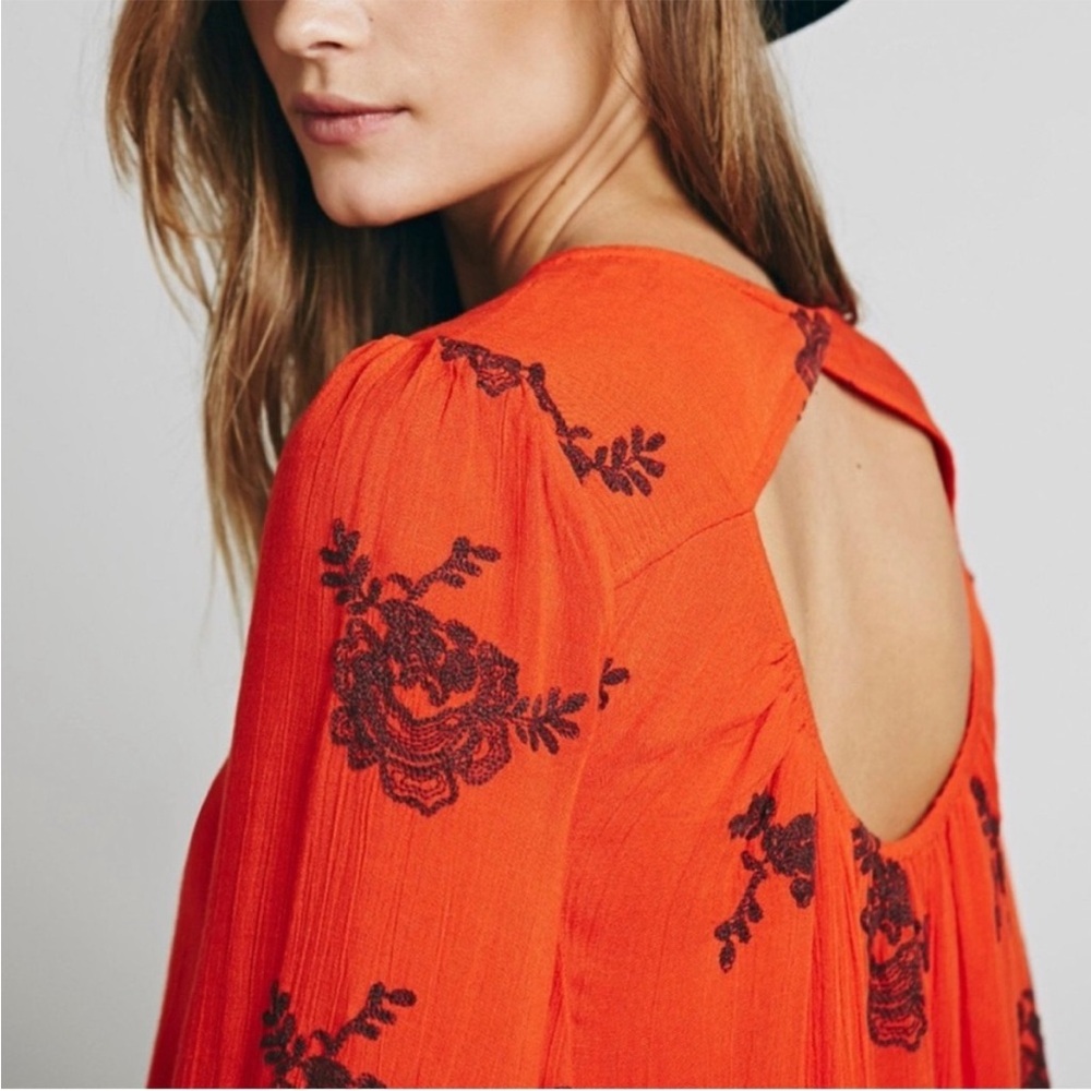 Free People Red Embroidered Tunic Boho Oversized Small - Picture 2 of 7